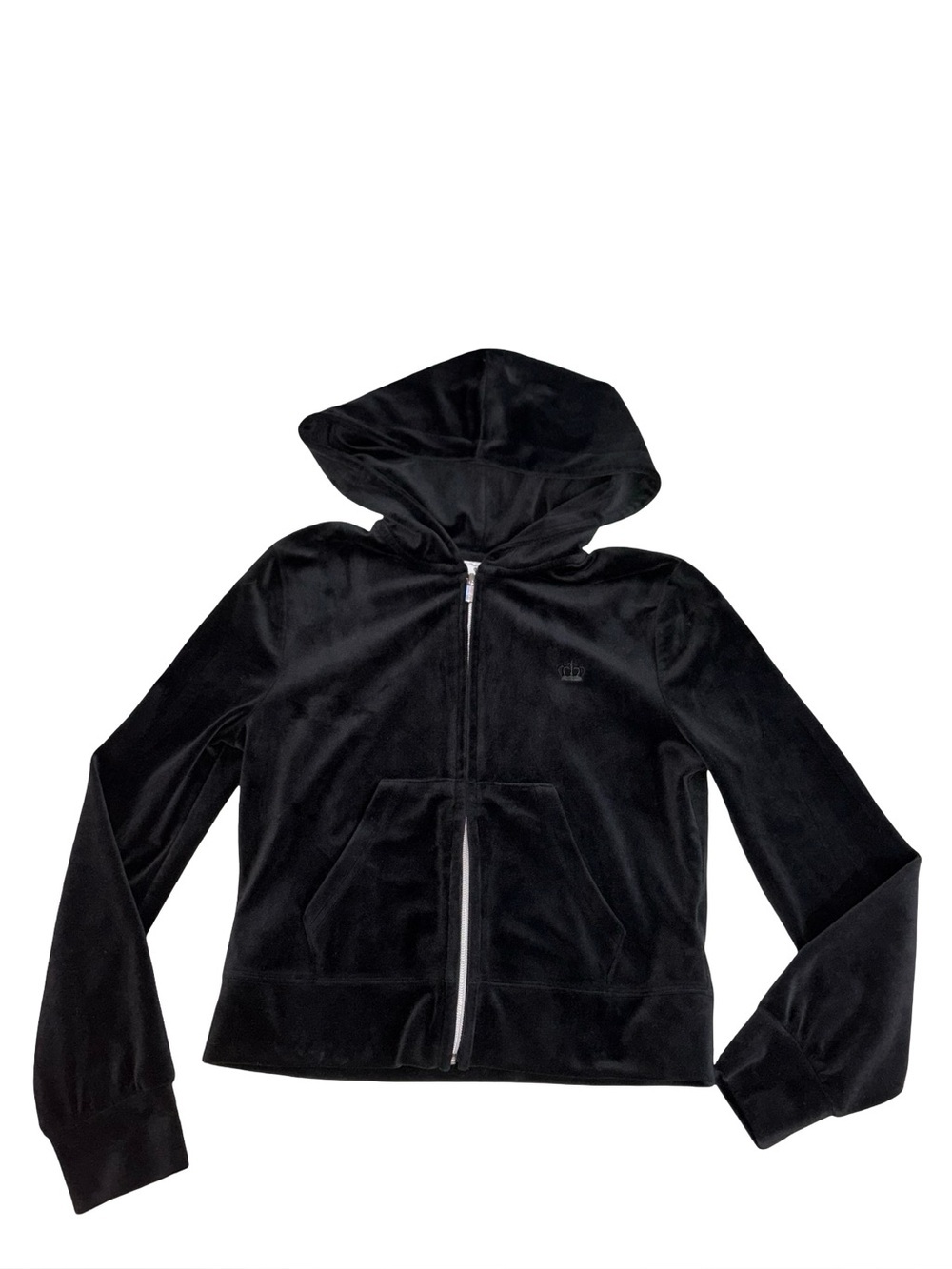 Juicy Couture Black Velour Zip Hoodie Size Small Y2K Crown Logo Soft Stretch - Picture 1 of 5